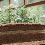 Close-up of a layered cannabis soil block in a greenhouse with young cannabis plants in the background.