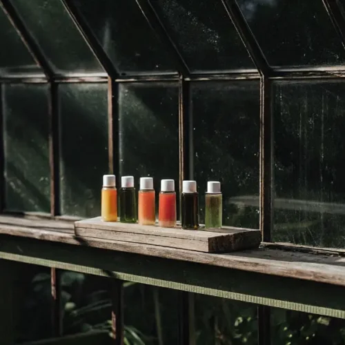 Bottles of colored nutrient solutions lined up on a greenhouse windowsill