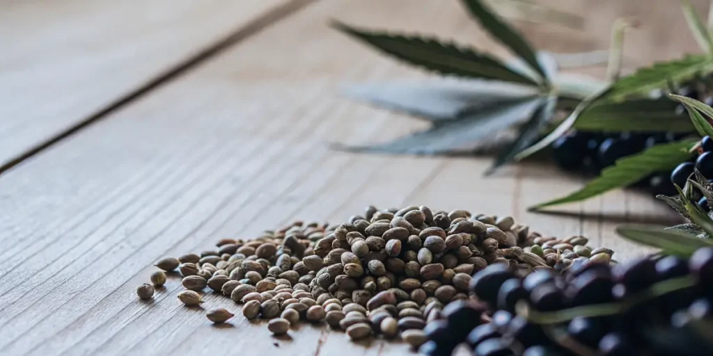 A pile of premium cannabis seeds scattered on a wooden surface with leaves and berries nearby
