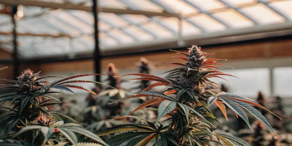 Red-tinged cannabis plant with mature buds flourishing in a glasshouse setting