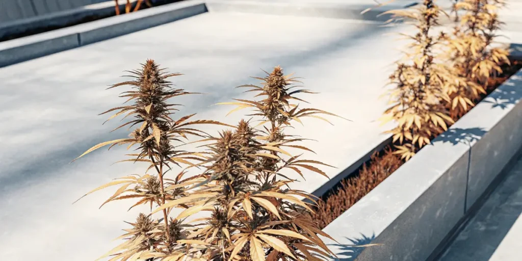 Central cannabis plant in a grow room with surrounding mature plants