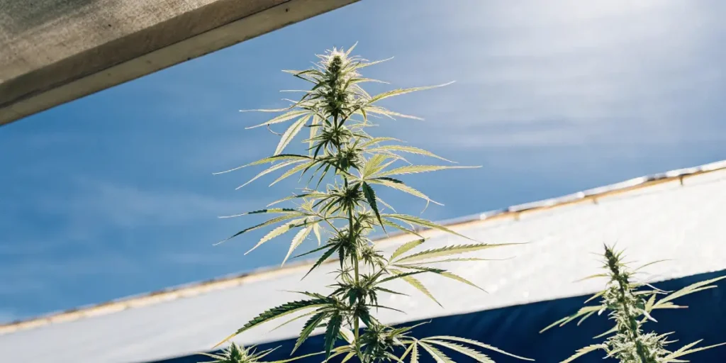 Tall outdoor cannabis plant reaching upward under a clear blue sky