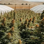 A sprawling field of cannabis plants with orange pistils, thriving under a bright sky, with two white tunnels and distant hills in the background.