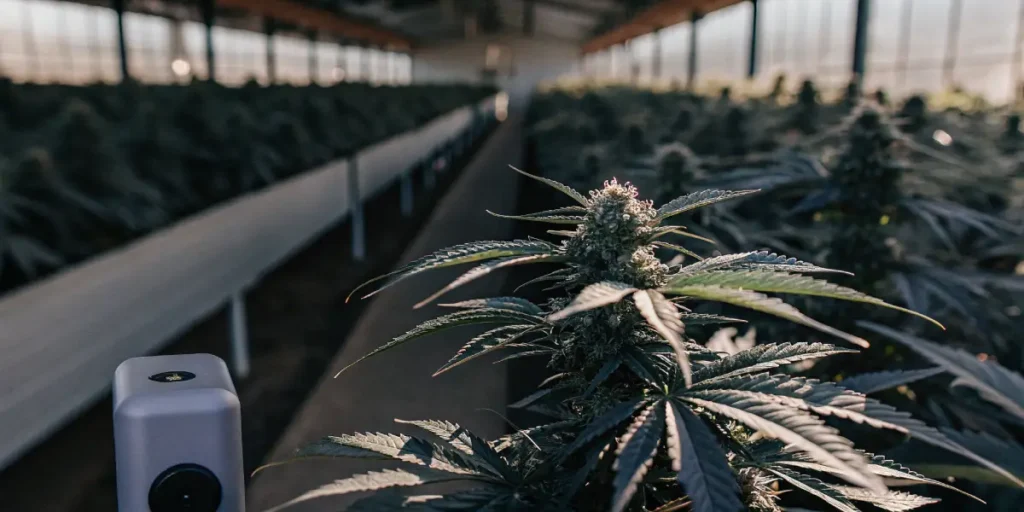 Gloved hand adjusting a control panel with dials, next to rows of lush cannabis plants in a greenhouse.