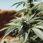 Close-up of a vibrant green cannabis plant with dense buds against a reddish-brown, dry background.