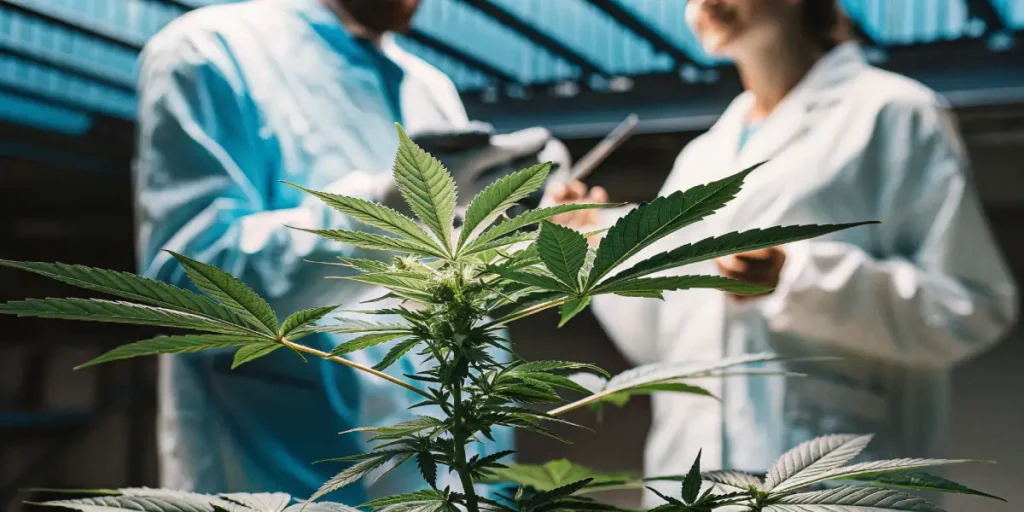 Close-up of a cannabis plant with prominent leaves and buds, with two scientists in lab coats and gloves discussing in the background.