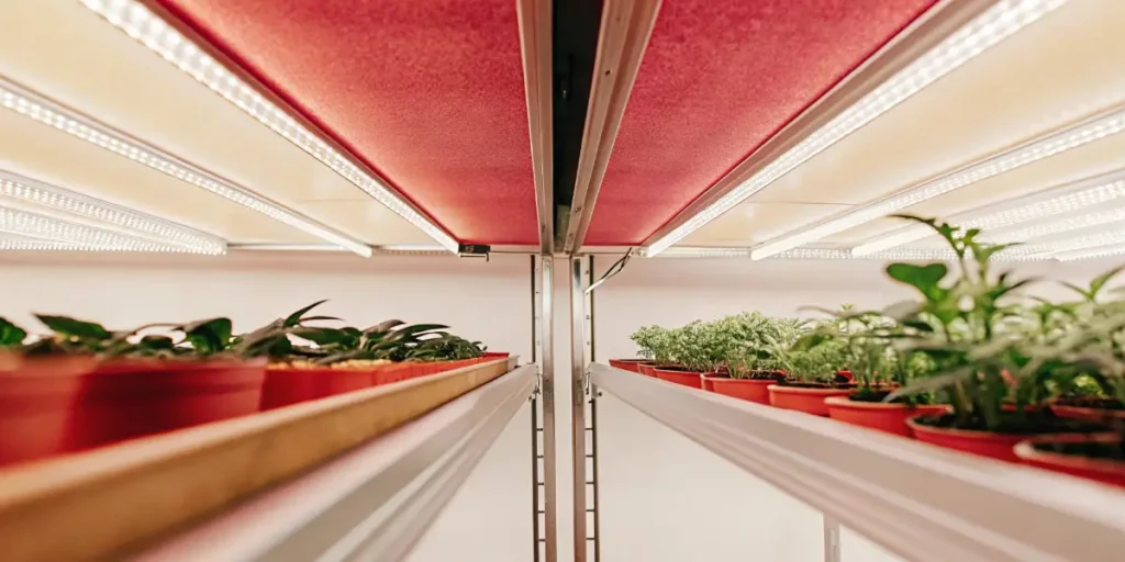 Wide-angle, low-angle view of laboratory shelves with potted plants under bright LED and red lights.