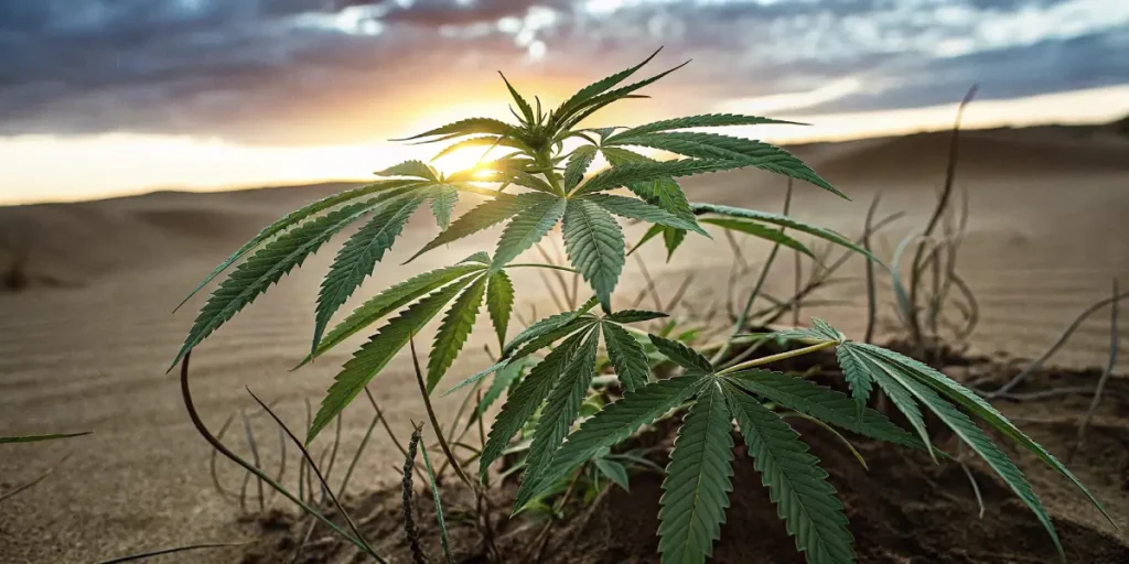 Close-up of a lush cannabis plant thriving in desert sand, backlit by a vibrant sunset.