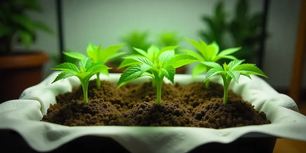 Early-stage grow Cheese Diesel seedlings under artificial light, preparing for robust vegetative development in controlled conditions.