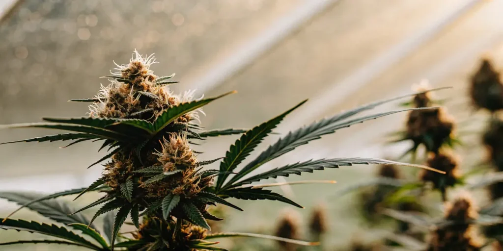 Macro shot of cannabis buds with prominent white pistils and green leaves during the flowering stage, in a sunlit greenhouse.