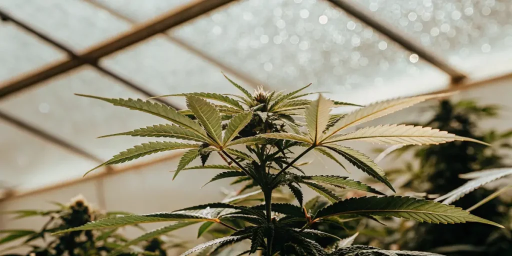 Close-up of a healthy cannabis plant with broad leaves under a bright, diffused greenhouse roof.