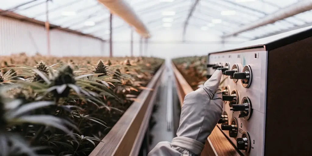 Gloved hand adjusting a control panel with dials and switches in a bustling cannabis grow room.