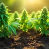Grow Cream Auto plants flourishing in open soil during golden hour.