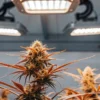 Close-up of golden-hued cannabis plants with prominent buds under bright overhead grow lights in a high-tech indoor grow room.