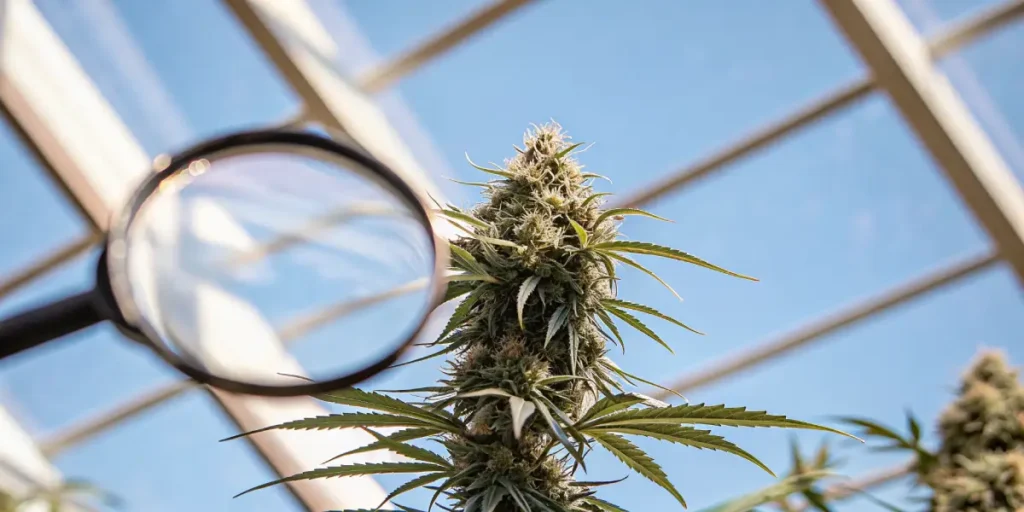 Close-up of a magnifying glass inspecting a vibrant green cannabis plant with dense buds in a greenhouse.