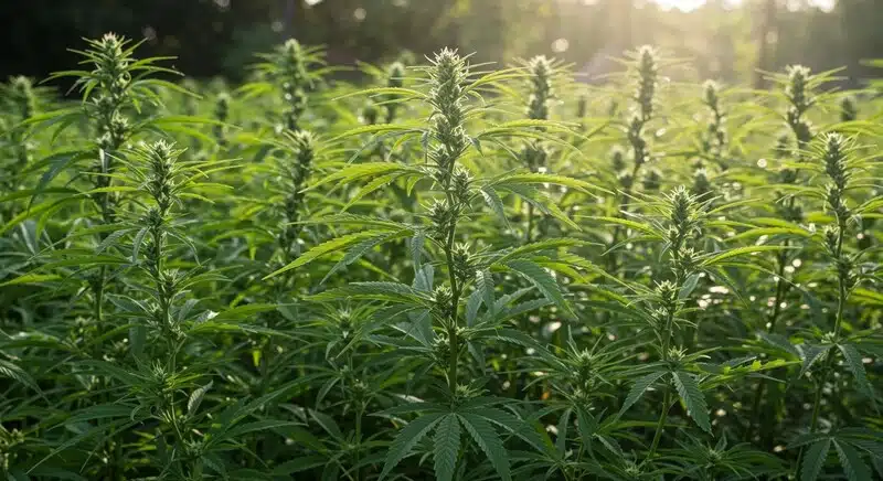Outdoor Cheese cannabis plant basking in golden hour sunlight.