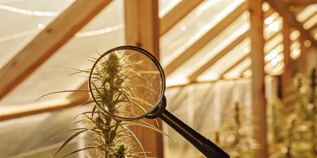 Close-up view of a cannabis plant with prominent buds, being inspected through a magnifying glass, backlit by warm sunlight from a greenhouse.