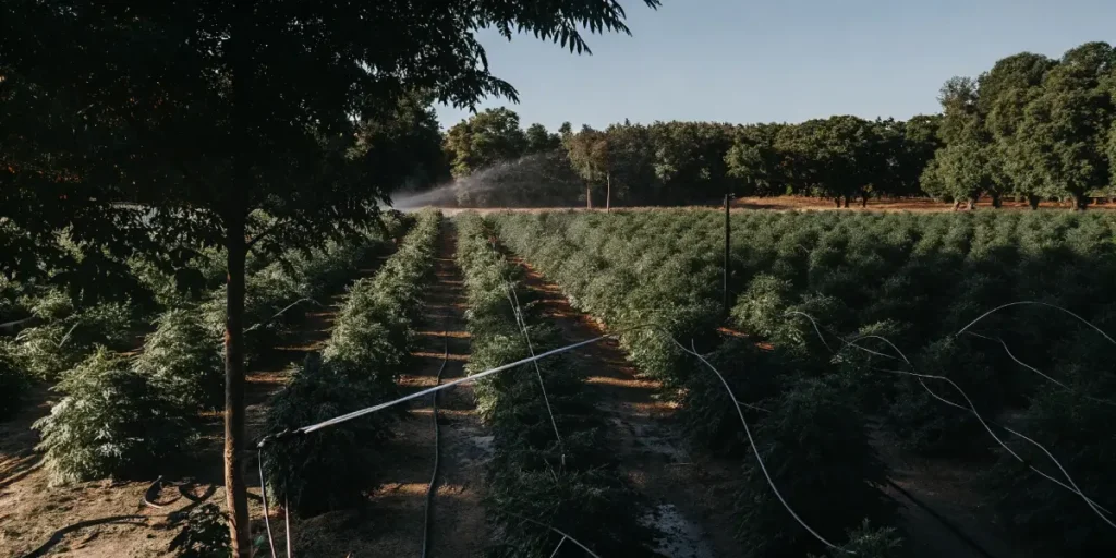 Sunlit outdoor cannabis farm with rows of mature plants and active irrigation sprinklers.