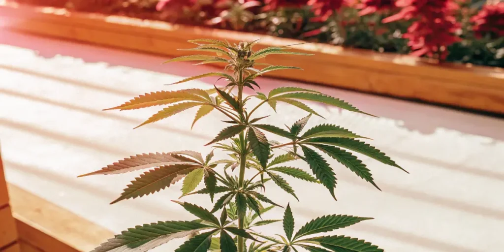 Macro shot of a cannabis plant on a patio, with a red planter in the background.