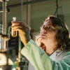 Scientist in a lab coat examining a small glass vial of golden THC oil, in a laboratory with scientific equipment.