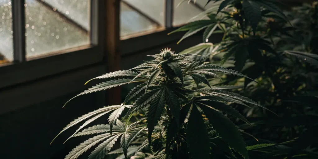 A healthy cannabis plant in a greenhouse with sunlight filtering through.
