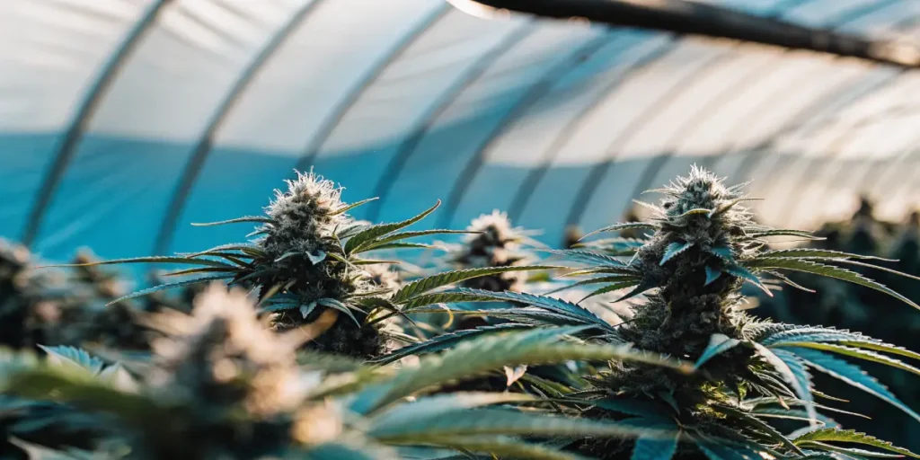 Close-up of frosty cannabis buds with blue-toned background in a greenhouse.