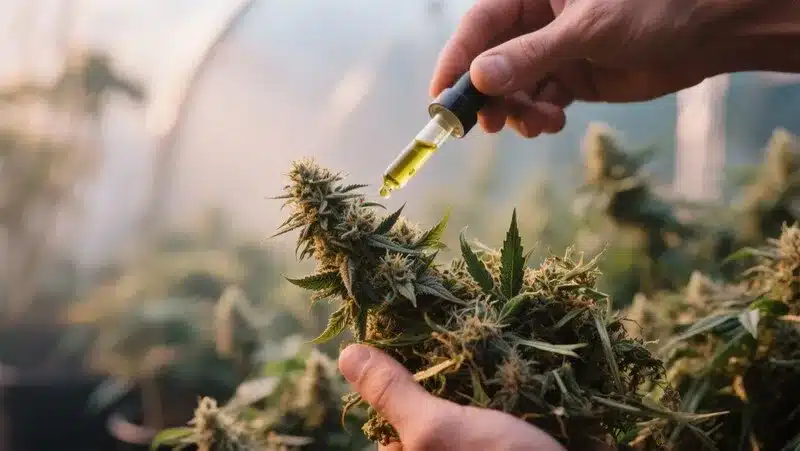 Bruce Banner x Mochalope buds coated in resin, perfect for oil production, blending chocolate, diesel, and earthy aromas with uplifting effects.