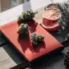 Hyper-realistic close-up of cannabis buds, dried lemons, and a pinecone.