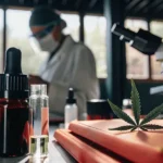 A cannabis leaf and oil bottles on a lab table, a scientist working in the background.