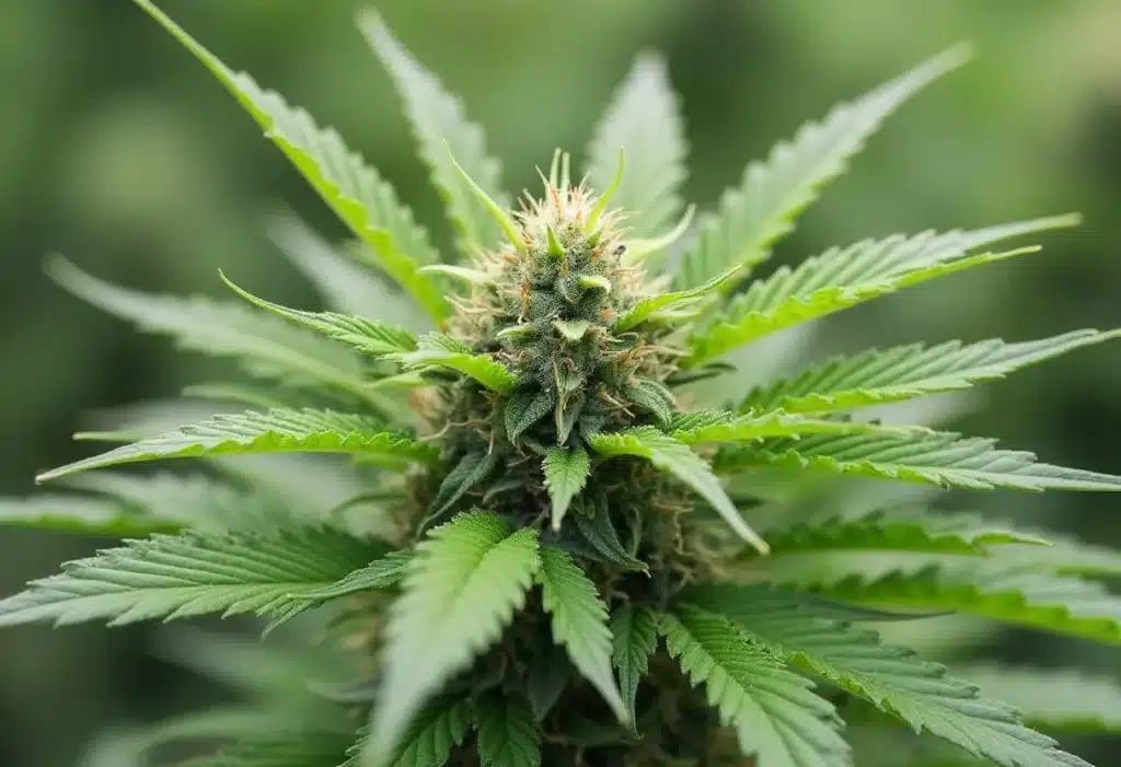 A Devil XXL Autoflower bud covered in trichomes. This strain offers high yields, fast flowering, and strong effects, perfect for indoor grows.