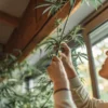 A person's hands tying down a cannabis plant branch with a blue strap.