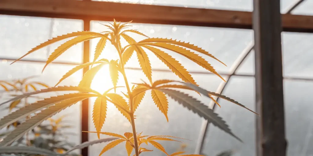 Close-up of a golden-hued cannabis plant under bright sunlight in a greenhouse.