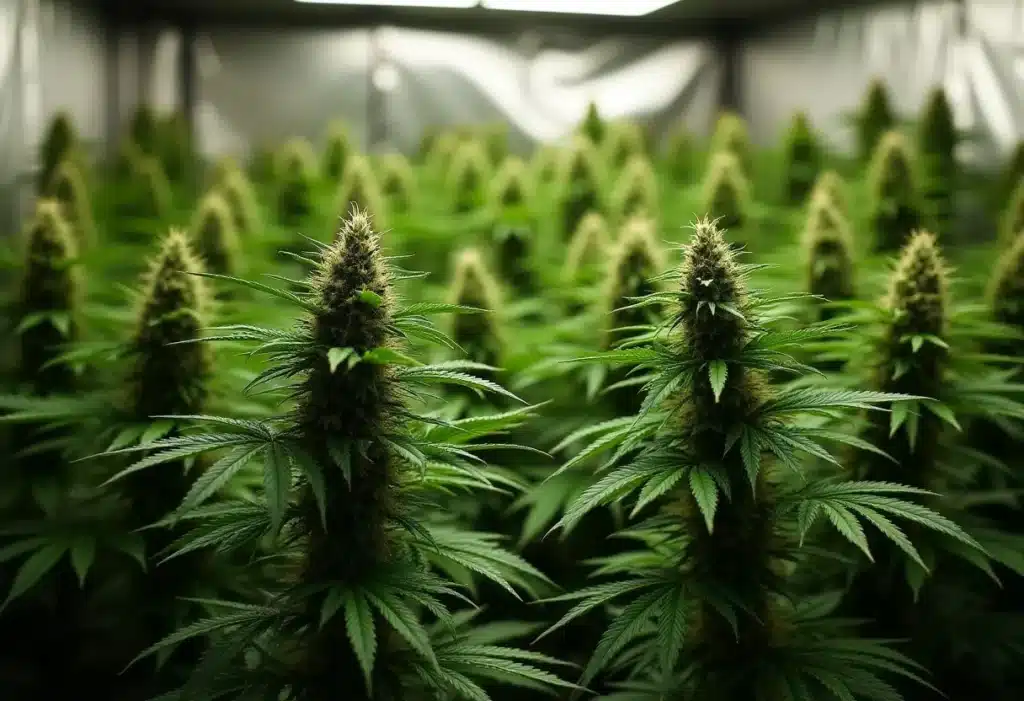 Critical x Cheese Candy cannabis plants flourishing indoors under grow lights, known for their sweet aroma, resinous buds, and heavy production.