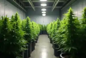 Indoor cultivation of Critical Cheese Auto cannabis plants under grow lights.