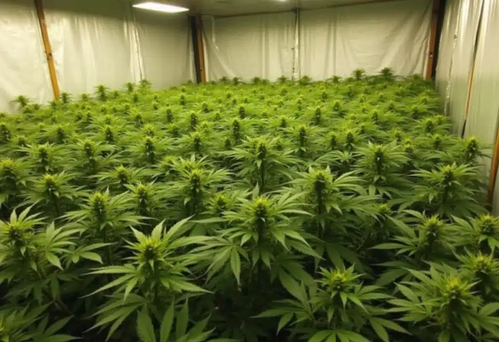 Diesel Regular cannabis plants in large indoor grow room with multiple pots.