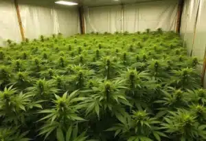 Diesel Regular cannabis plants in large indoor grow room with multiple pots.