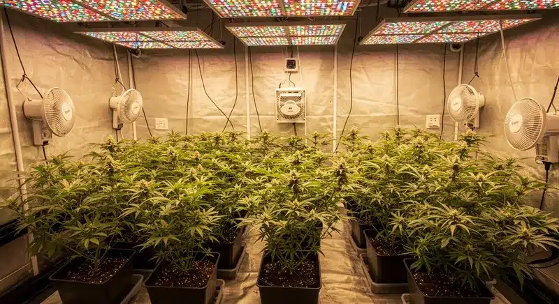 Bruce Banner x Mochalope plants thriving indoors under full-spectrum LEDs, producing dense, aromatic buds with high THC and rich terpenes.