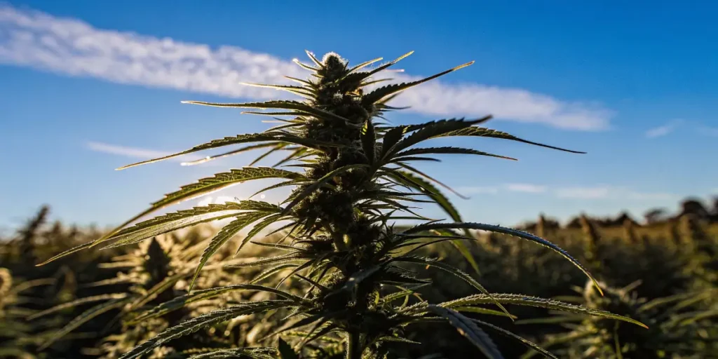 Sunlit cannabis plant with glistening trichomes against a blue sky.