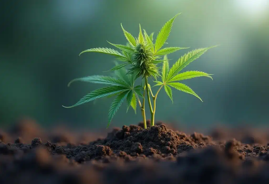 Young Critical Blue cannabis plant growing with first buds.