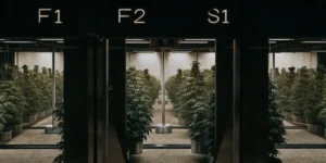 Advanced cannabis cultivation chamber labeled F2 with healthy plants under LED grow lights.