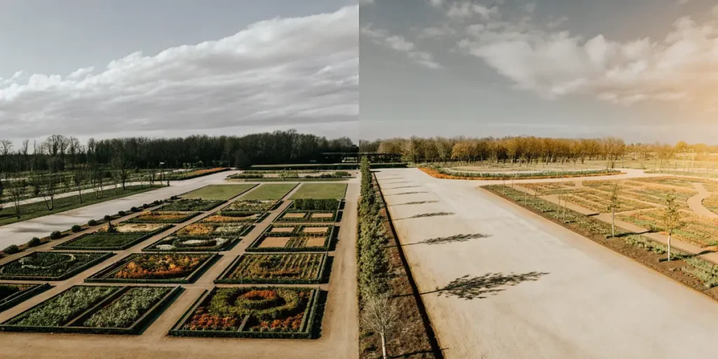 Aerial view of a large ornamental garden divided into symmetrical sections.