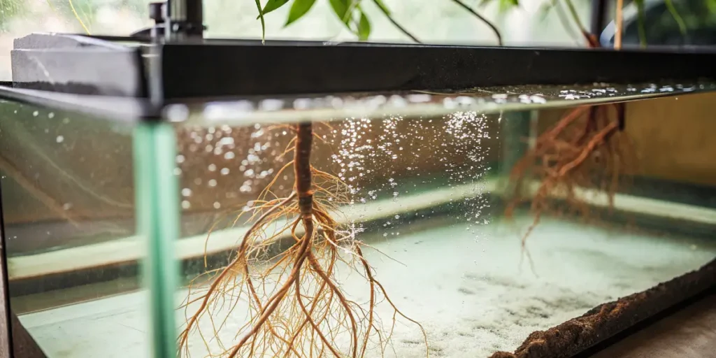 cannabis roots growing underwater in an aquaponic tank system