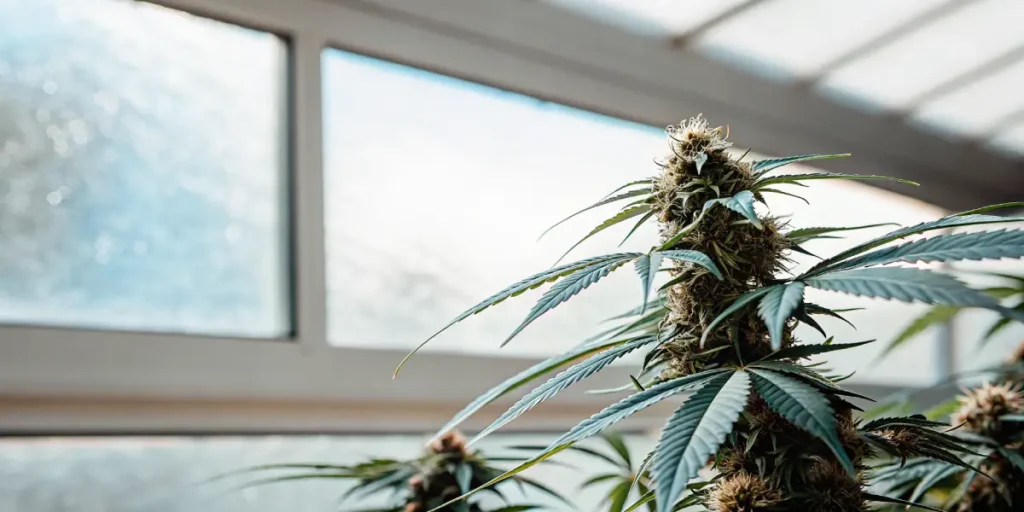 Gros plan d’un bourgeon de cannabis mature dans une serre éclairée par la lumière naturelle à travers la fenêtre.