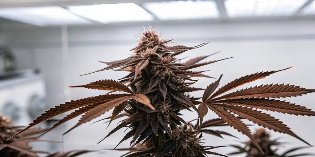 Close-up of a cannabis bud with red leaves in an indoor grow room under bright lighting.
