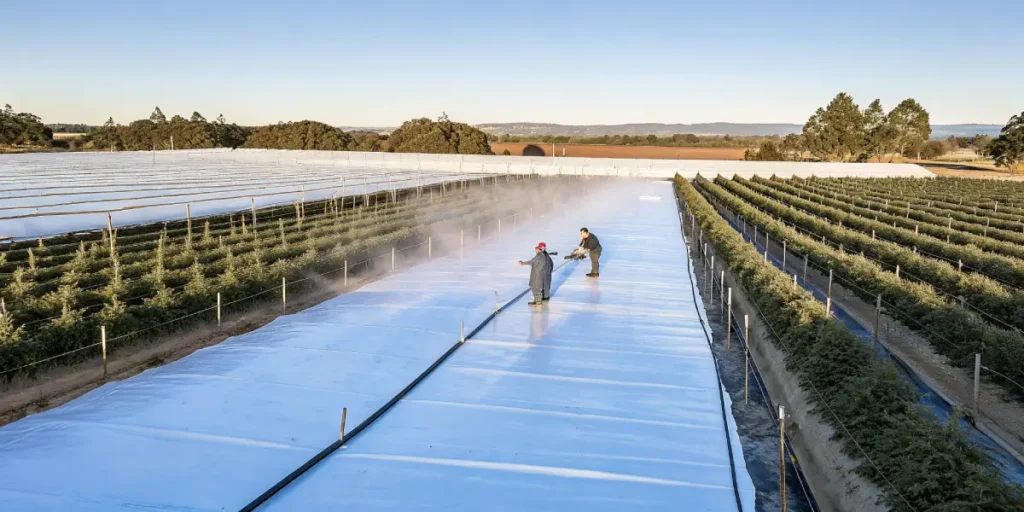 Workers spraying irrigation system on large outdoor cannabis farm with protective covers
