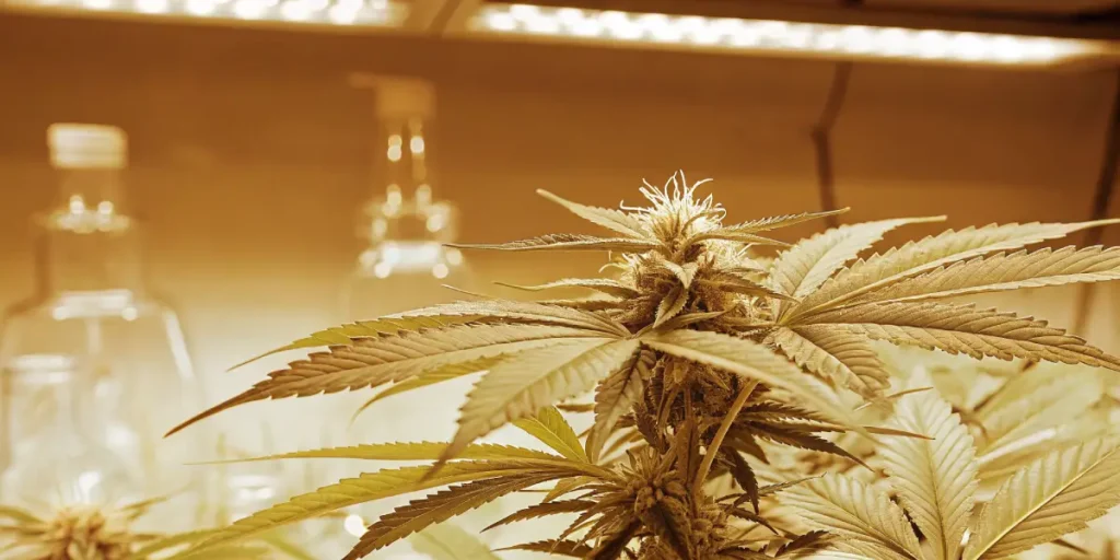 Flowering cannabis bud under strong yellow grow lights in an indoor setup.