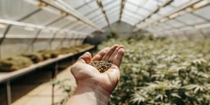 Graine de cannabis dans une main ouverte à l’intérieur d’une serre moderne.