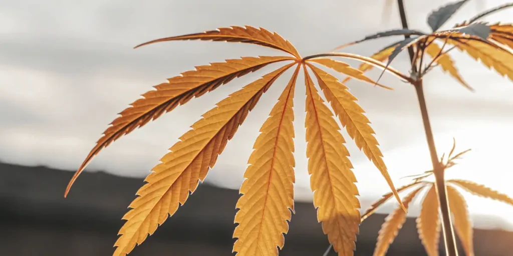 Macro shot of a cannabis leaf showing nitrogen deficiency with yellow coloring.