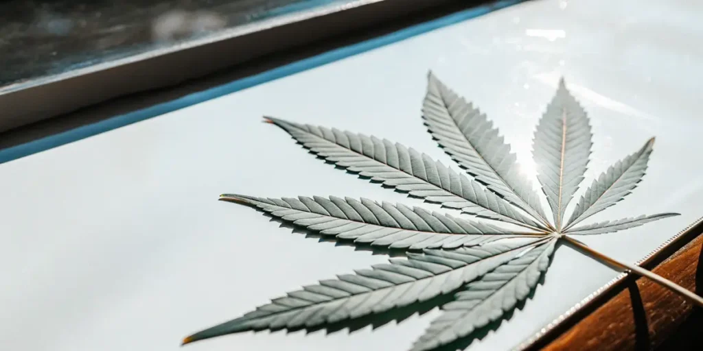Cannabis leaf displayed on a glass surface with natural sunlight shining through.