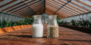 cannabis nutrient salts and pellets stored in transparent glass jars inside a greenhouse